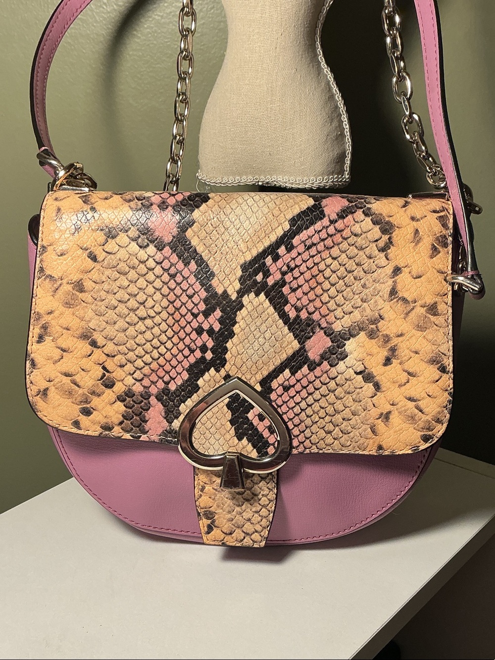 kate spade NY Robyn Exotic Chain Saddle Bag Purple Tan Snake-Print Crossbody